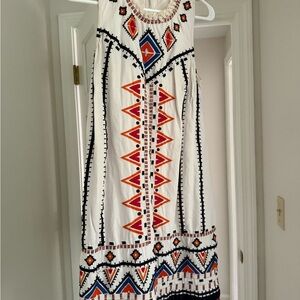 Anthropologie Geometric Embroidered Midi Dress - White, Orange, Blue